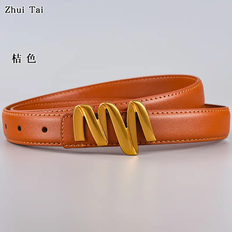 Women's Black Leather Buckle Belt with Gold Letter Design - Image 10