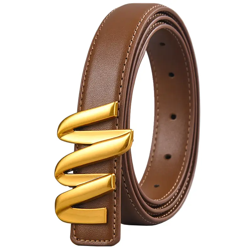 Women's Black Leather Buckle Belt with Gold Letter Design - Image 11