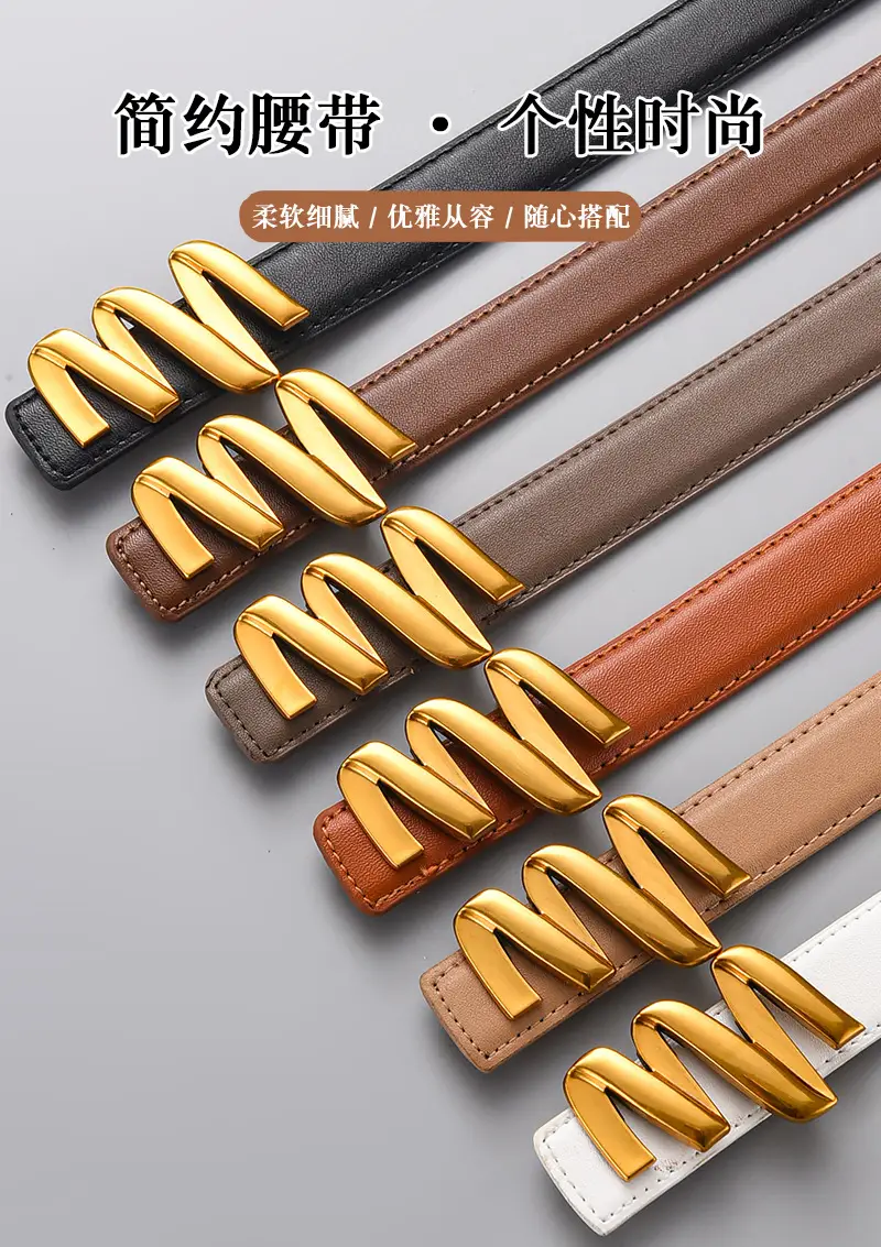 Women's Black Leather Buckle Belt with Gold Letter Design β feature 1