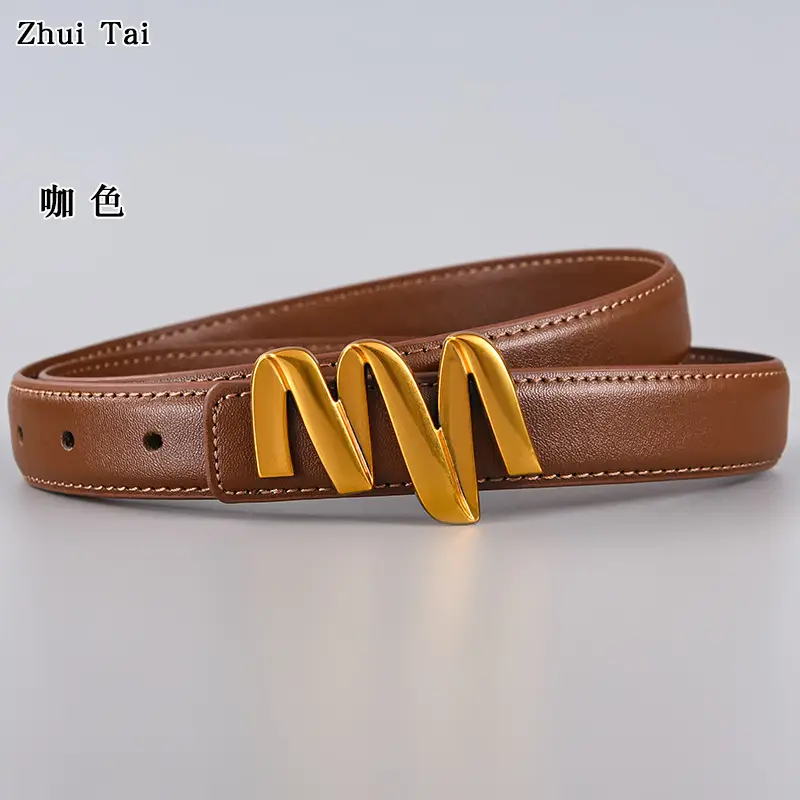 Women's Black Leather Buckle Belt with Gold Letter Design β feature 12