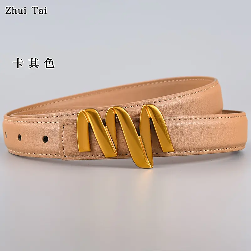 Women's Black Leather Buckle Belt with Gold Letter Design β feature 13