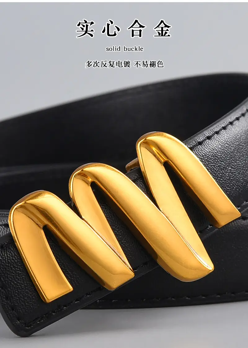 Women's Black Leather Buckle Belt with Gold Letter Design β feature 6
