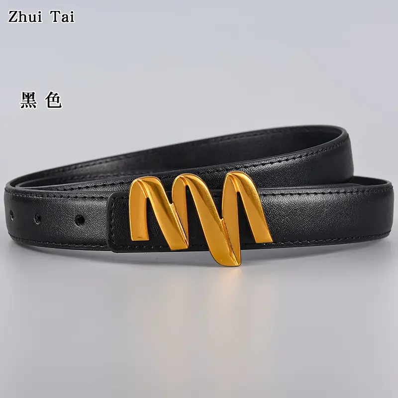 Women's Black Leather Buckle Belt with Gold Letter Design
