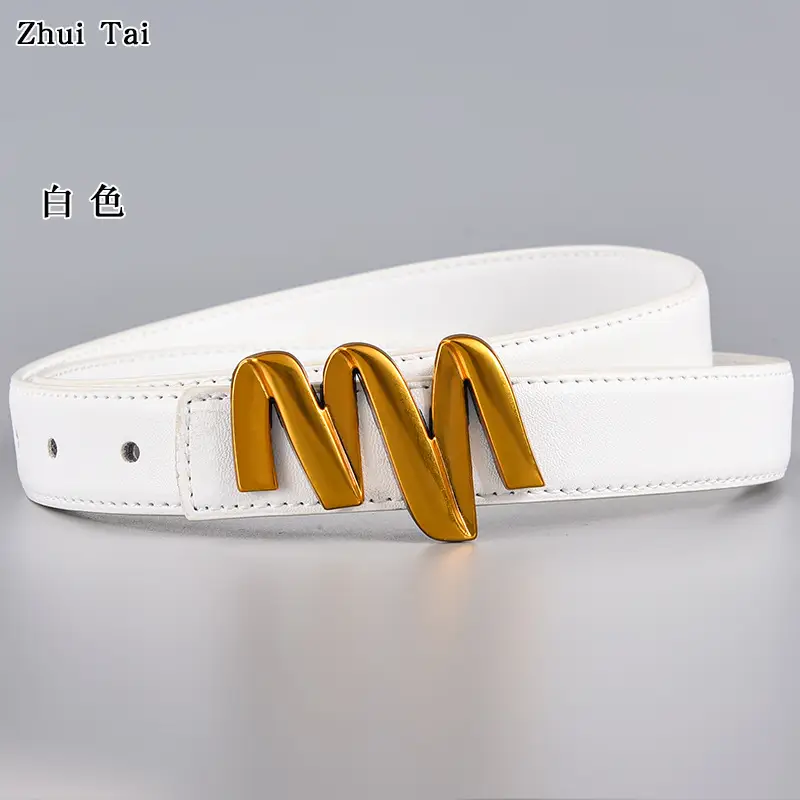 Women's Black Leather Buckle Belt with Gold Letter Design - Image 2