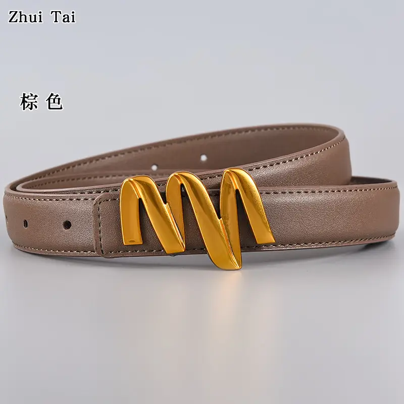 Women's Black Leather Buckle Belt with Gold Letter Design - Image 6