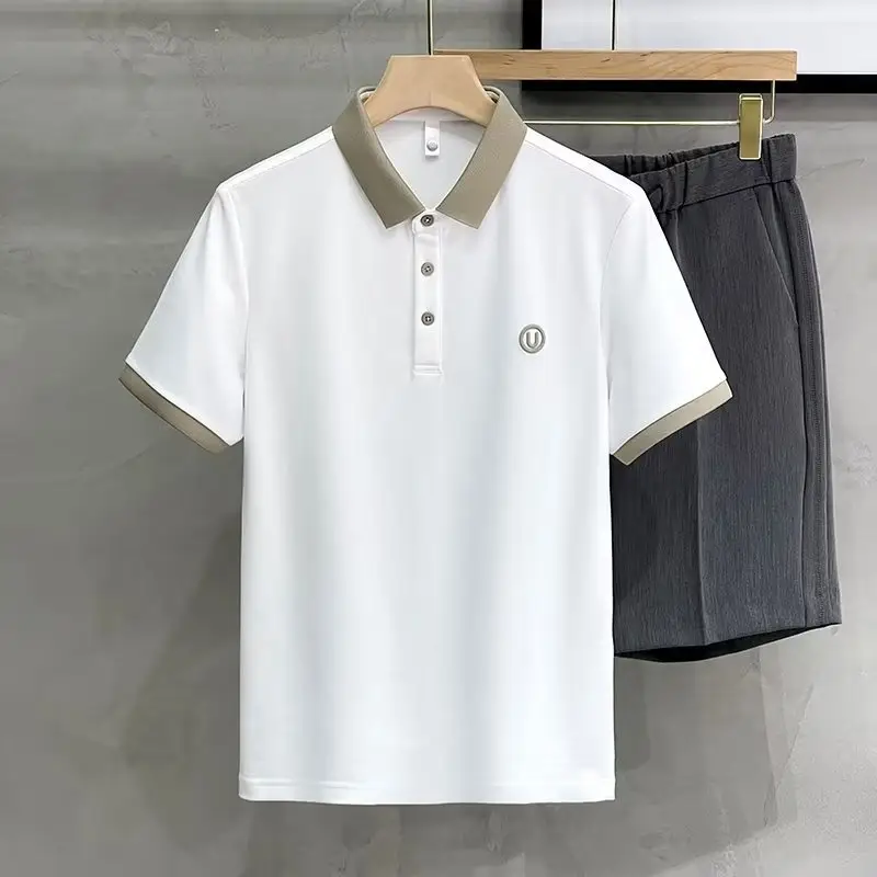 2023 Men's White Embroidered Polo Shirt with Grey Shorts - Image 3