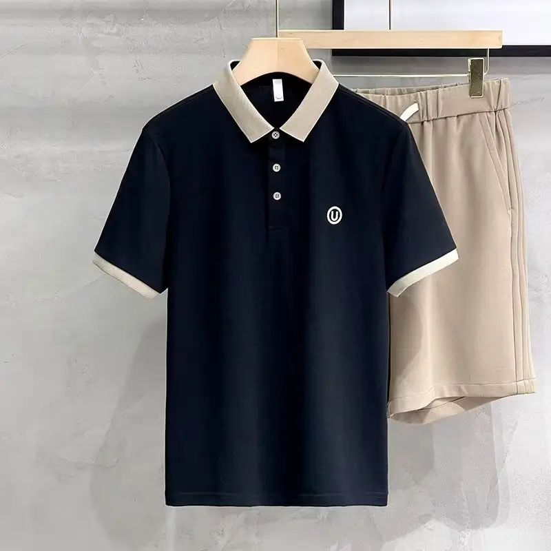 2023 Men's White Embroidered Polo Shirt with Grey Shorts - Image 4