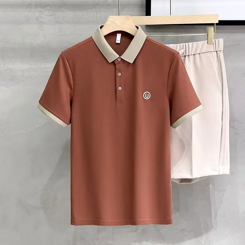 2023 Men's White Embroidered Polo Shirt with Grey Shorts - Image 2
