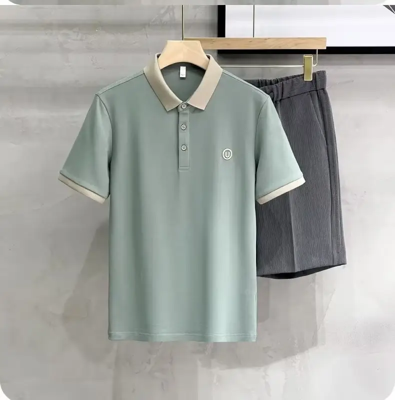 2023 Men's White Embroidered Polo Shirt with Grey Shorts — feature 11