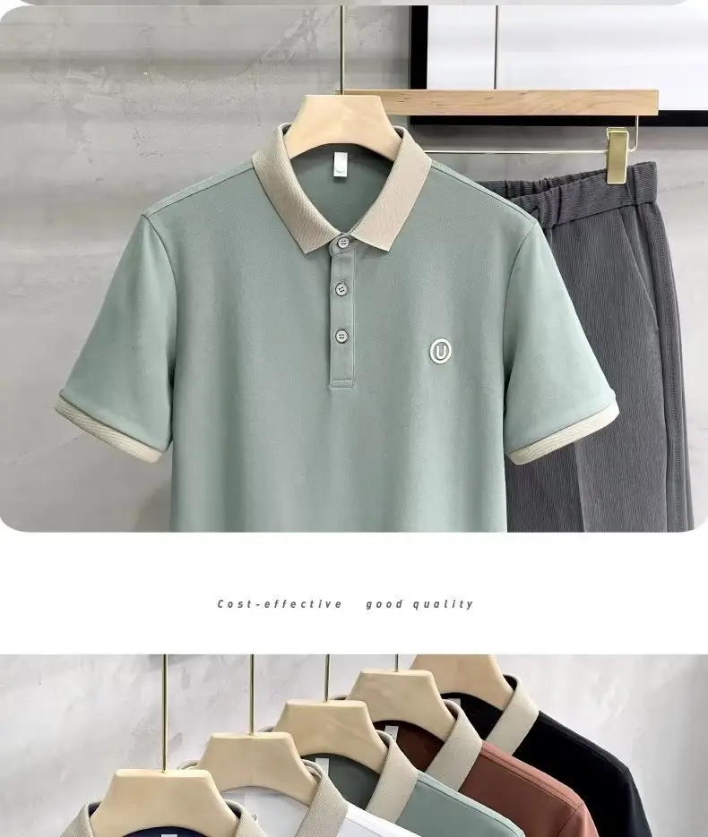 2023 Men's White Embroidered Polo Shirt with Grey Shorts — feature 12