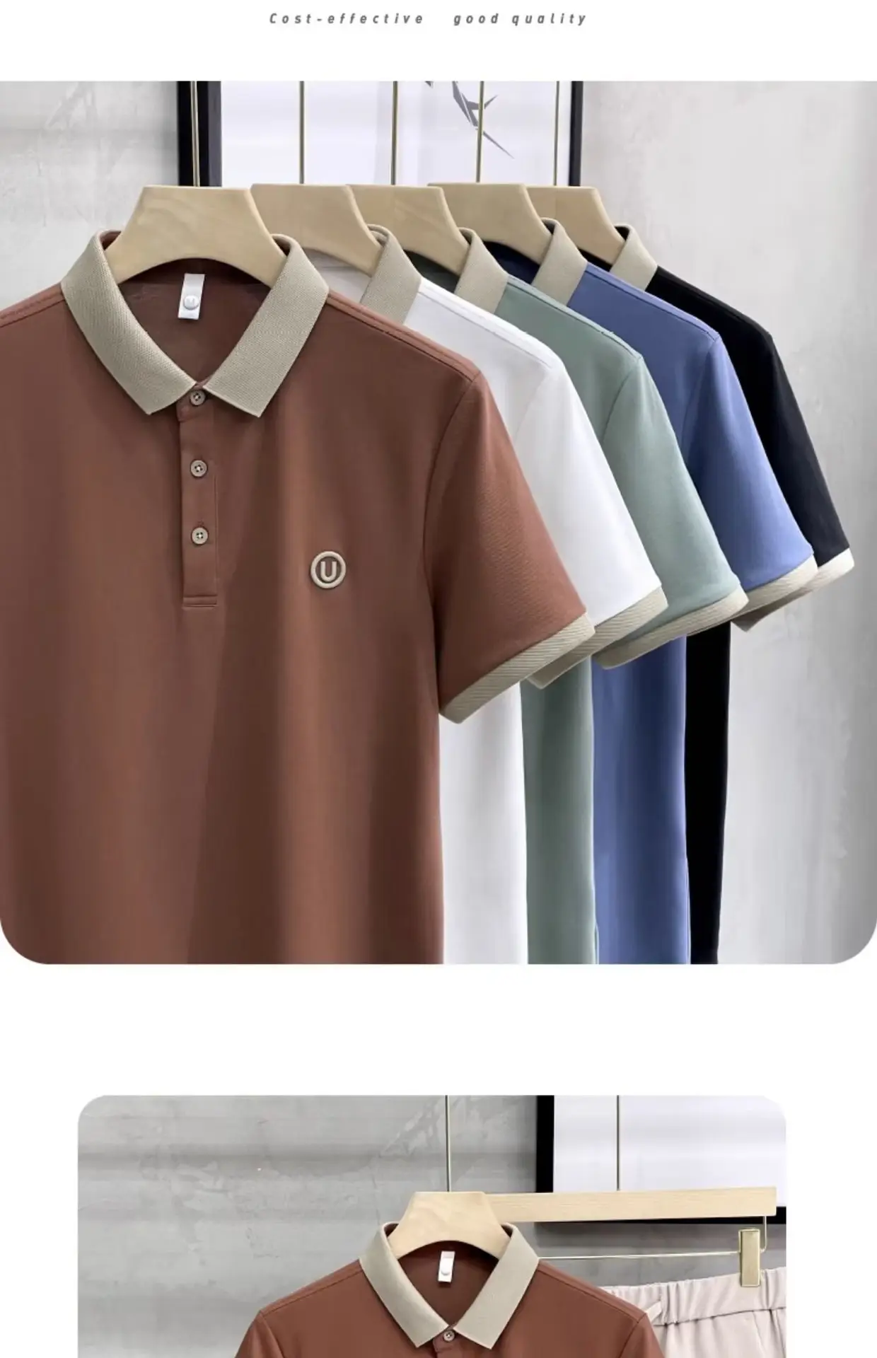2023 Men's White Embroidered Polo Shirt with Grey Shorts — feature 15