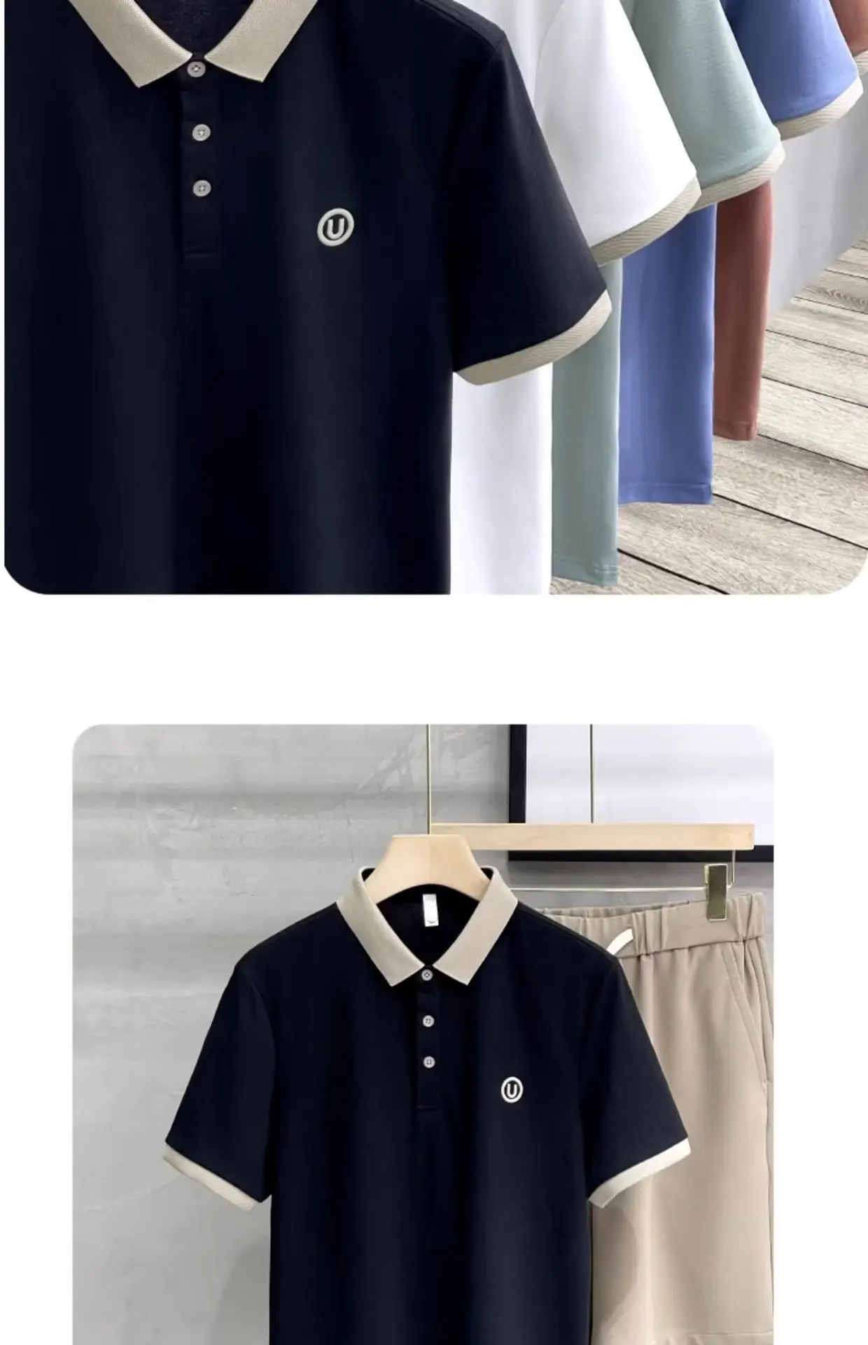 2023 Men's White Embroidered Polo Shirt with Grey Shorts — feature 17