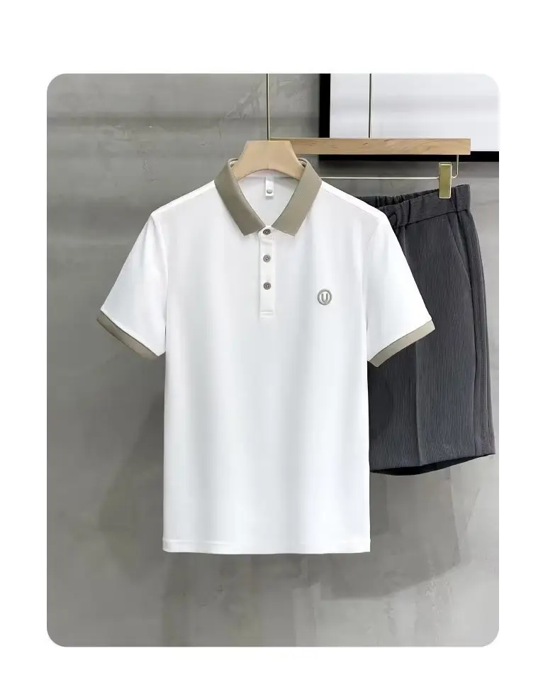 2023 Men's White Embroidered Polo Shirt with Grey Shorts — feature 19