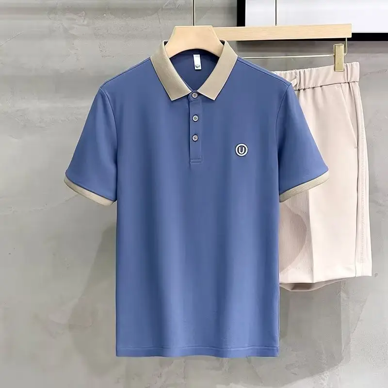 2023 Men's White Embroidered Polo Shirt with Grey Shorts - Image 5