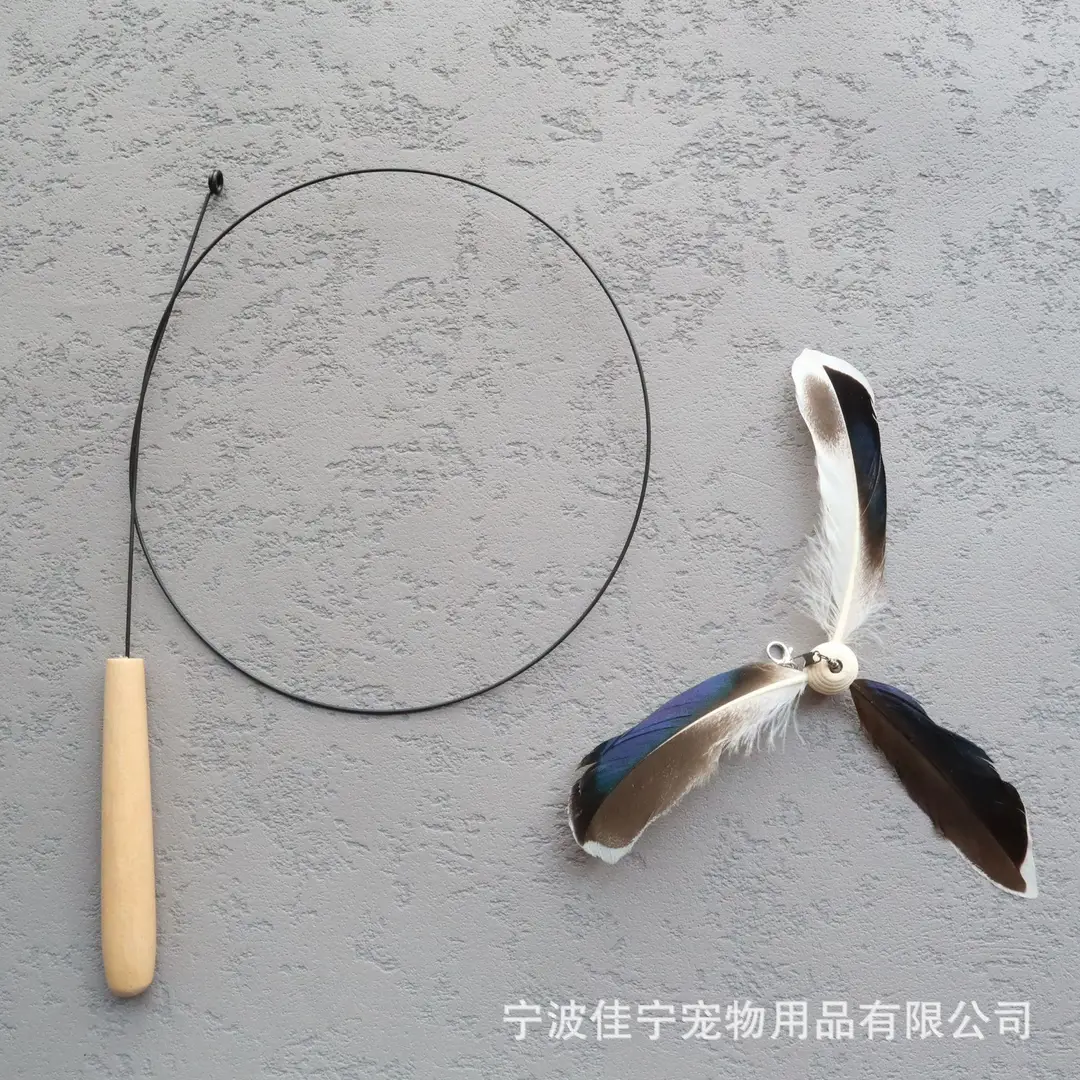 Wooden handle steel wire cat teaser rotating windmill cat teaser natural feather cat toy sound toy kitten self-hi