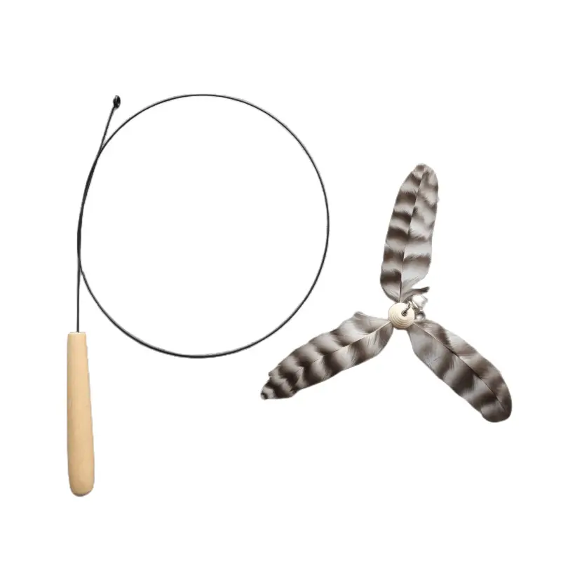 Wooden handle steel wire cat teaser rotating windmill cat teaser natural feather cat toy sound toy kitten self-hi
