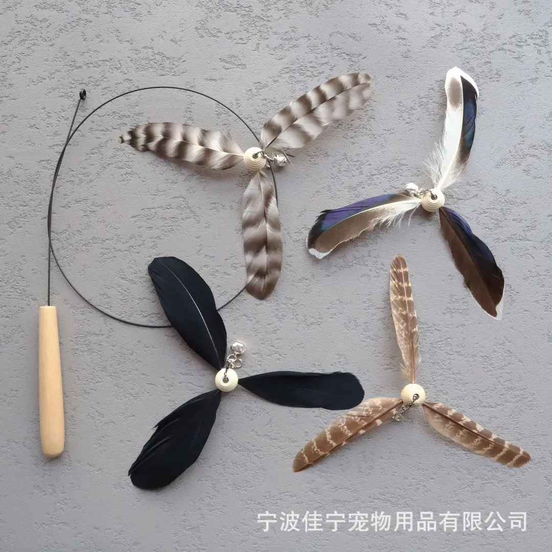 Wooden handle steel wire cat teaser rotating windmill cat teaser natural feather cat toy sound toy kitten self-hi — feature 2