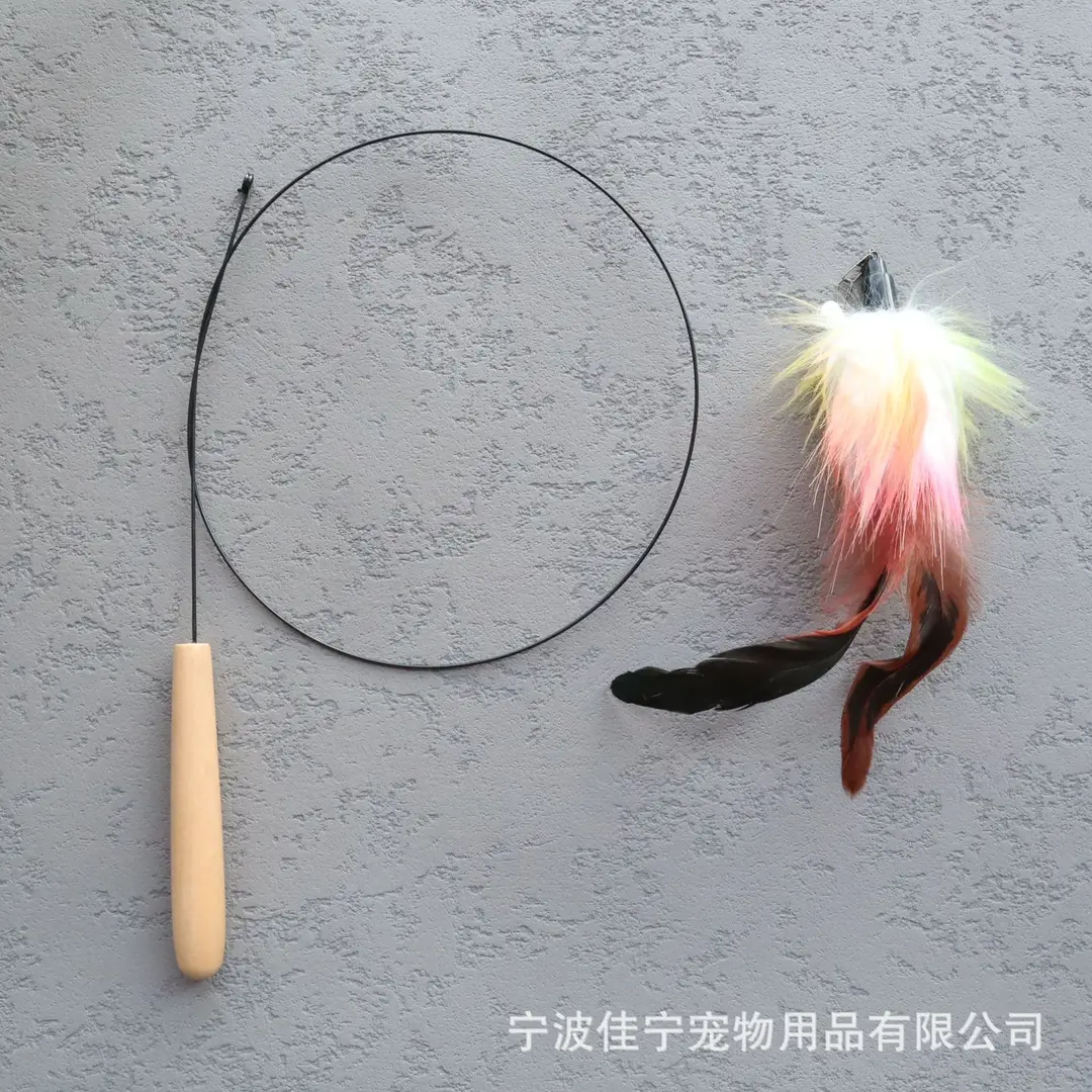 Wooden handle steel wire cat teaser rotating windmill cat teaser natural feather cat toy sound toy kitten self-hi — feature 5