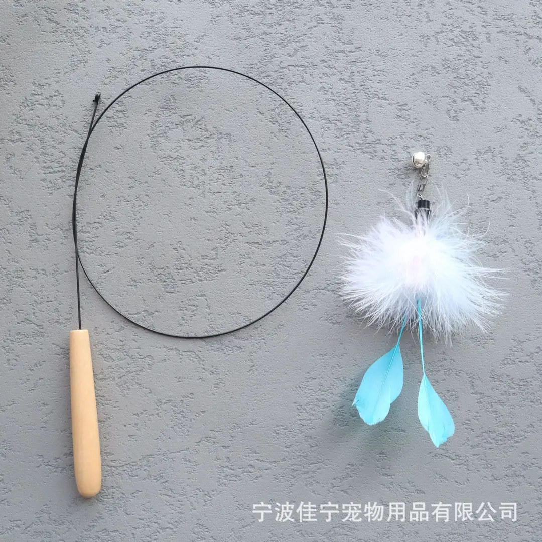 Wooden handle steel wire cat teaser rotating windmill cat teaser natural feather cat toy sound toy kitten self-hi — feature 7