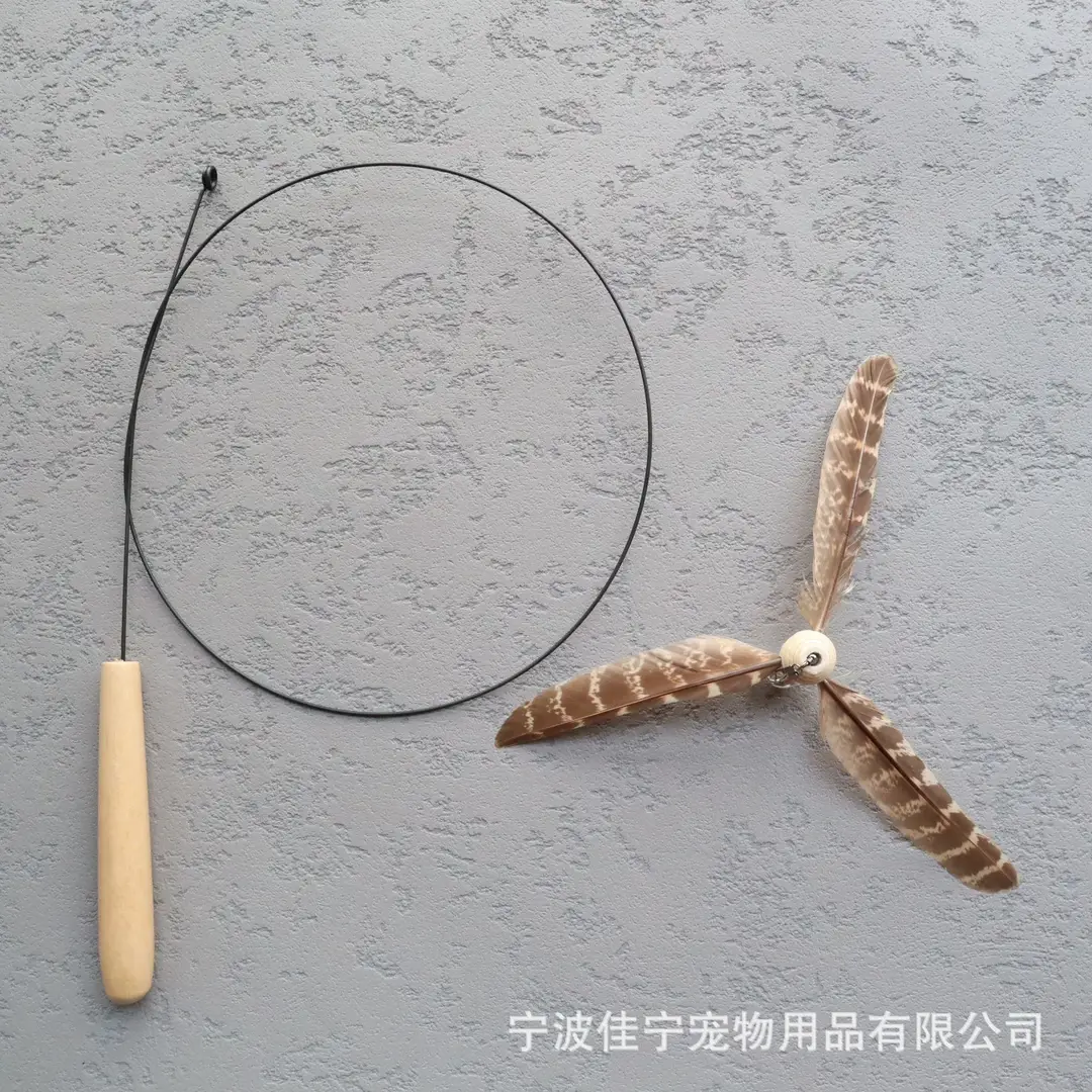 Wooden handle steel wire cat teaser rotating windmill cat teaser natural feather cat toy sound toy kitten self-hi