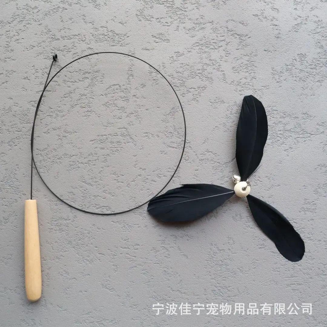 Wooden handle steel wire cat teaser rotating windmill cat teaser natural feather cat toy sound toy kitten self-hi