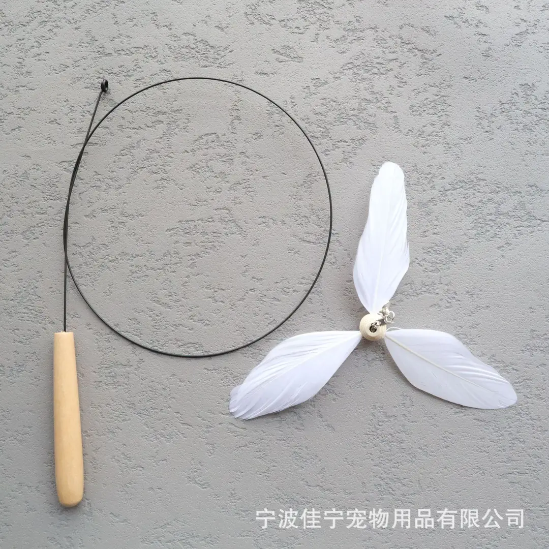 Wooden handle steel wire cat teaser rotating windmill cat teaser natural feather cat toy sound toy kitten self-hi