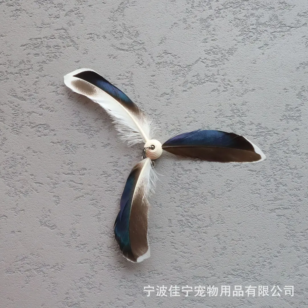 Wooden handle steel wire cat teaser rotating windmill cat teaser natural feather cat toy sound toy kitten self-hi