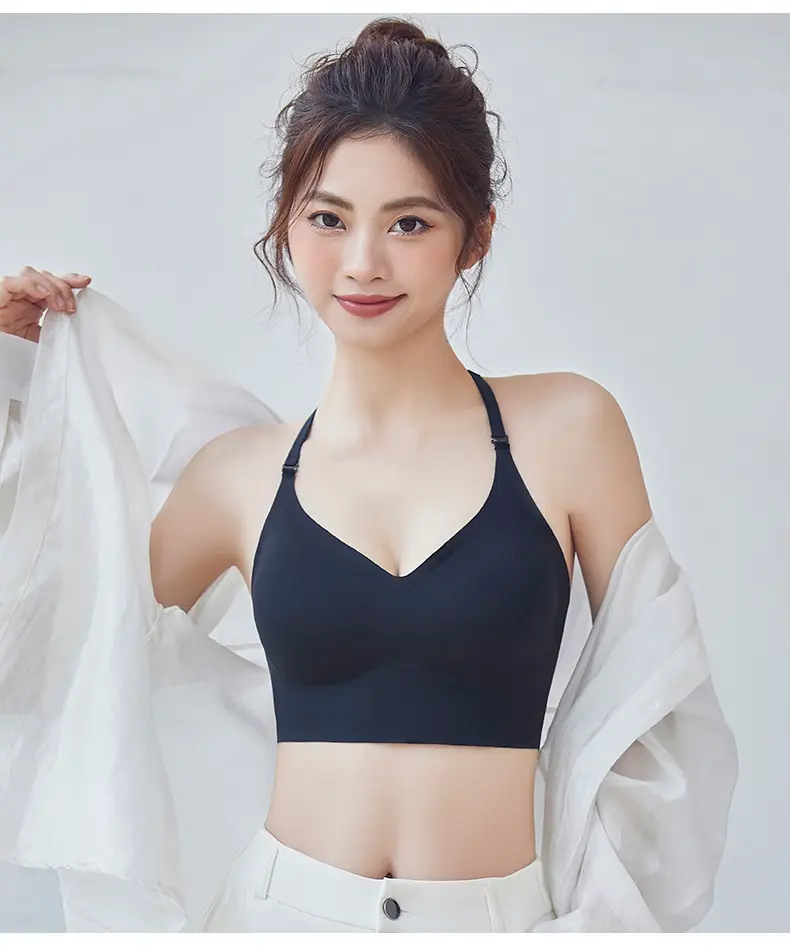 Large U-Shaped Traceless Beauty Back Underwear Women's One-Piece Fixed Cup Inner Hanging Neck Open Back Gathering Non-Rim Bra — feature 34