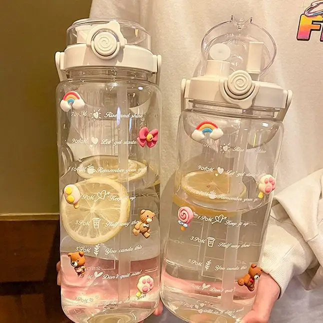 Summer Large-Capacity Sports Transparent Kettle, Outdoor High-Looking Portable Water Cup, Plastic Cup with Straw, Double Drinking Cup