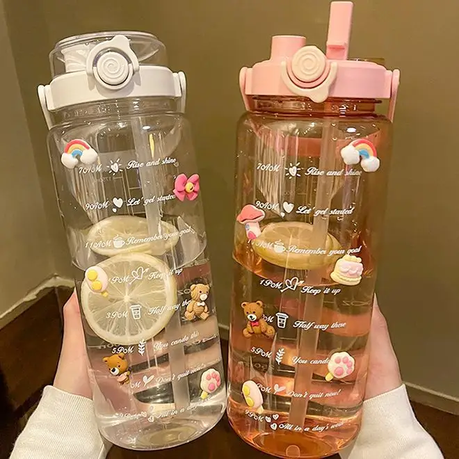 Summer Large-Capacity Sports Transparent Kettle, Outdoor High-Looking Portable Water Cup, Plastic Cup with Straw, Double Drinking Cup