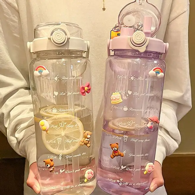 Summer Large-Capacity Sports Transparent Kettle, Outdoor High-Looking Portable Water Cup, Plastic Cup with Straw, Double Drinking Cup
