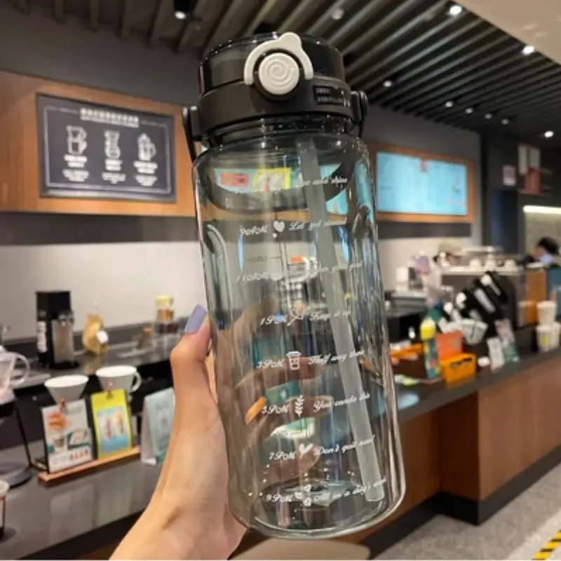 Summer Large-Capacity Sports Transparent Kettle, Outdoor High-Looking Portable Water Cup, Plastic Cup with Straw, Double Drinking Cup