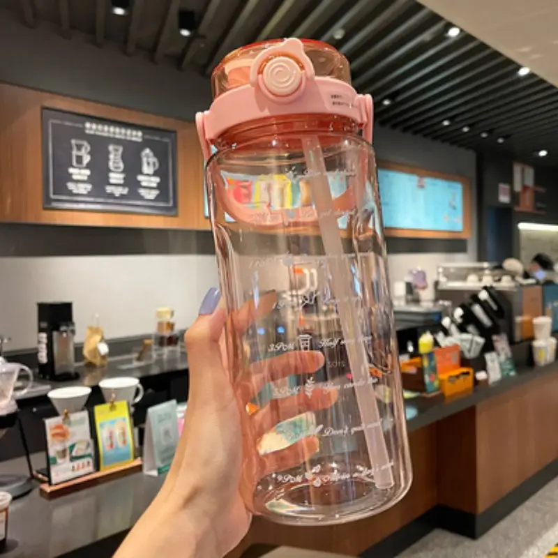Summer Large-Capacity Sports Transparent Kettle, Outdoor High-Looking Portable Water Cup, Plastic Cup with Straw, Double Drinking Cup