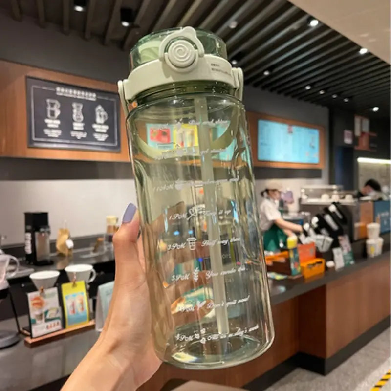 Summer Large-Capacity Sports Transparent Kettle, Outdoor High-Looking Portable Water Cup, Plastic Cup with Straw, Double Drinking Cup