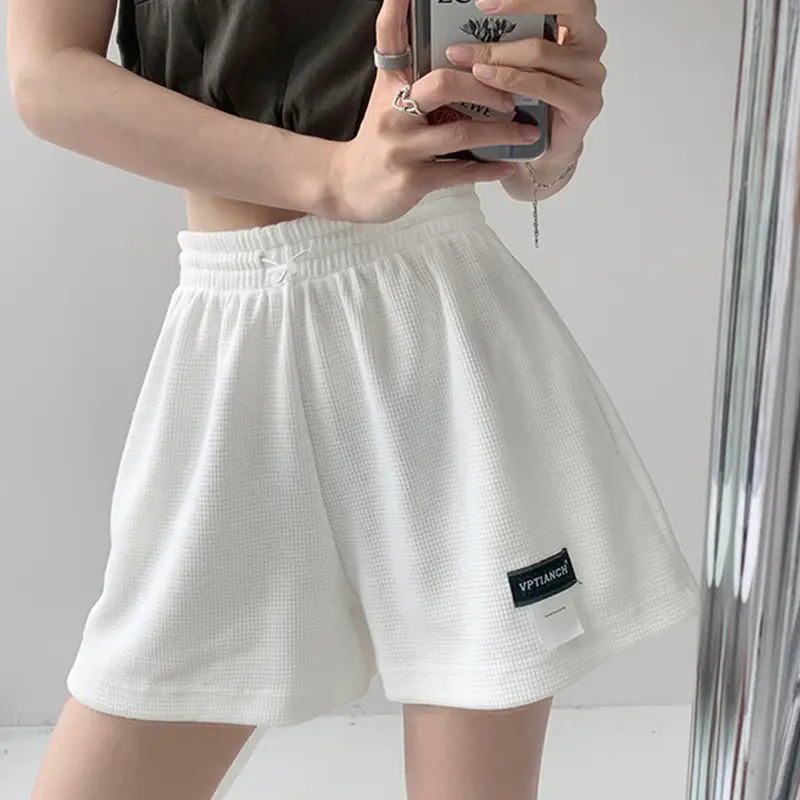 Women Black Waffle Shorts Elastic Waist Wide Leg - Image 7