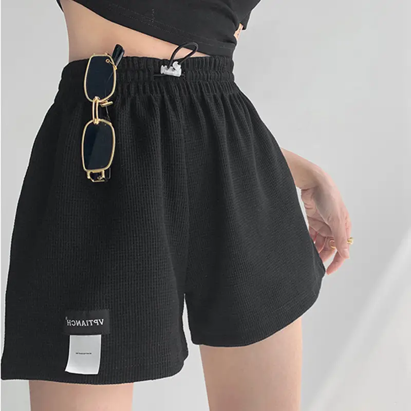 Women Black Waffle Shorts Elastic Waist Wide Leg - Image 2