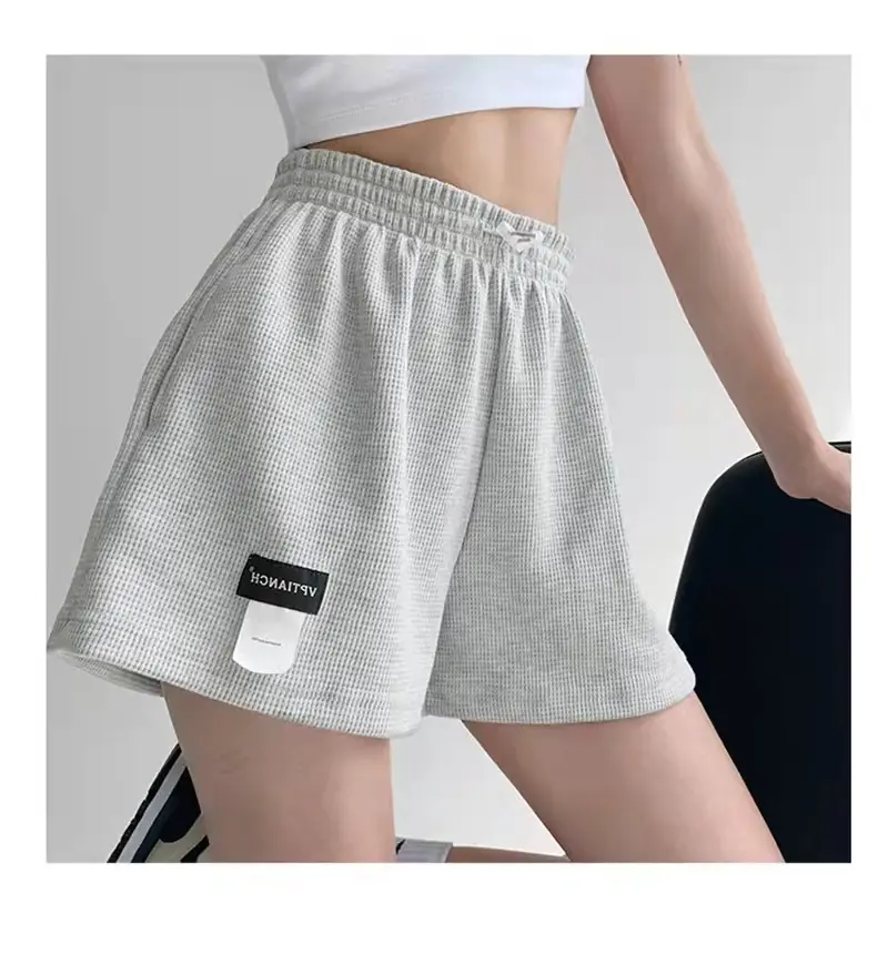 Women Black Waffle Shorts Elastic Waist Wide Leg - Image 4