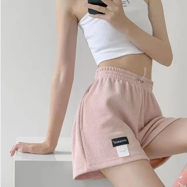 Women Black Waffle Shorts Elastic Waist Wide Leg - Image 5