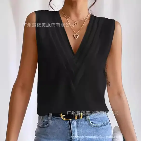 Blue Sleeveless V-Neck T-Shirt for Women - Image 8