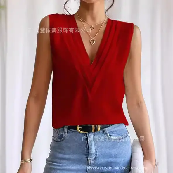 Blue Sleeveless V-Neck T-Shirt for Women - Image 9