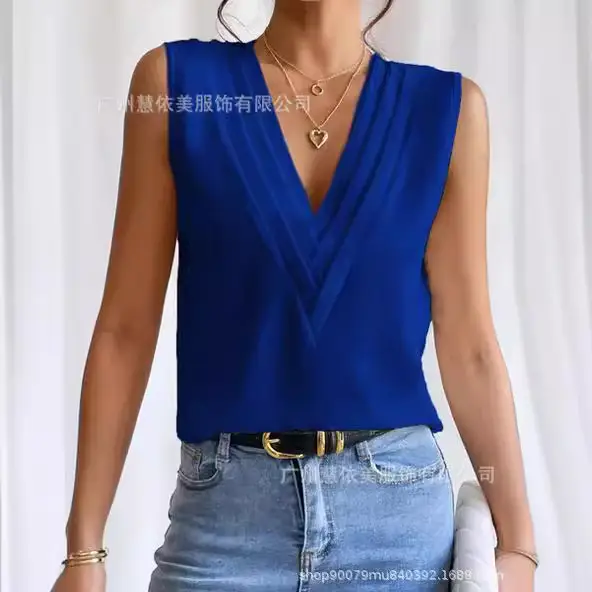 Blue Sleeveless V-Neck T-Shirt for Women - Image 10