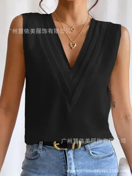 Blue Sleeveless V-Neck T-Shirt for Women — feature 1