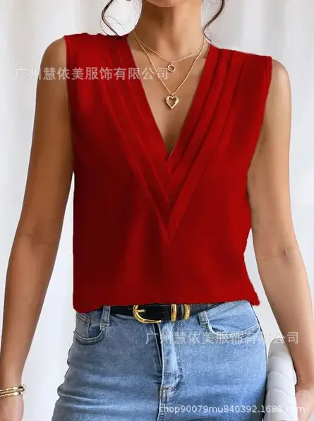 Blue Sleeveless V-Neck T-Shirt for Women — feature 2