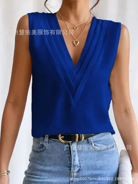 Blue Sleeveless V-Neck T-Shirt for Women — feature 3