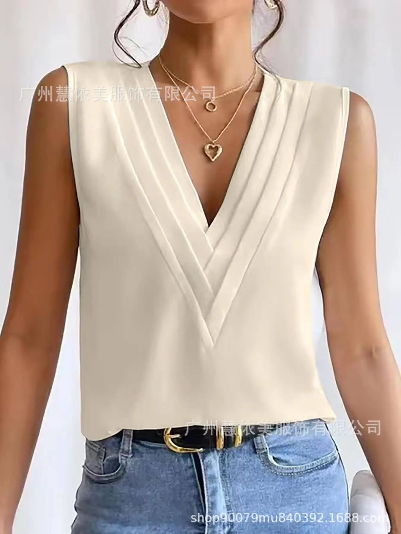 Blue Sleeveless V-Neck T-Shirt for Women - Image 3