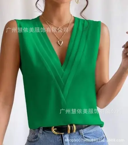 Blue Sleeveless V-Neck T-Shirt for Women - Image 4
