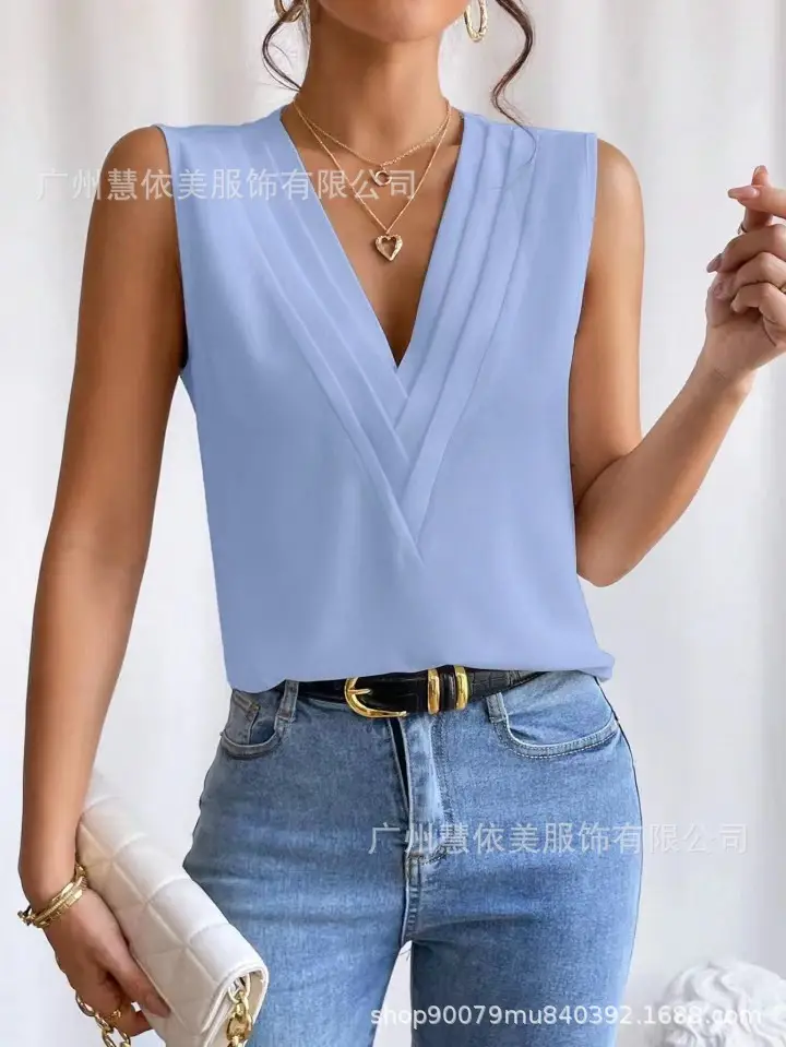 Blue Sleeveless V-Neck T-Shirt for Women - Image 5