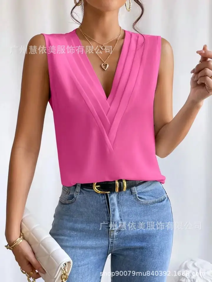 Blue Sleeveless V-Neck T-Shirt for Women - Image 6