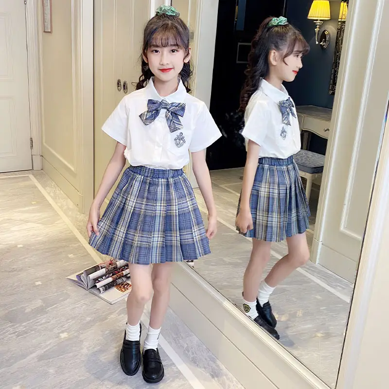 Girls Plaid Pleated Skirt Set Summer School Uniform