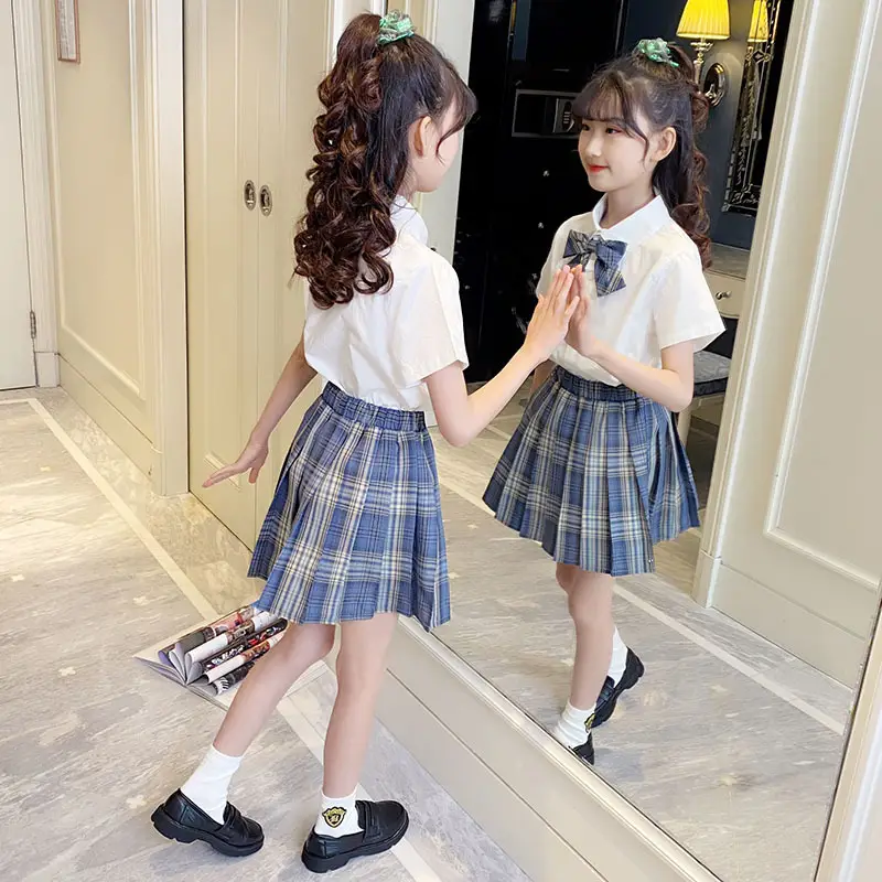 Girls Plaid Pleated Skirt Set Summer School Uniform